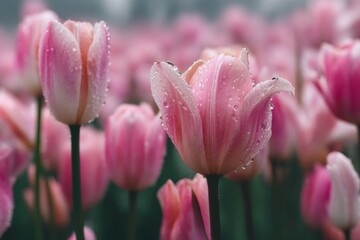 Fototapeta premium Dewy Pink Tulips in a Blooming Field Under Soft Morning Light, Nature's Beauty Captured in Fresh Floral Display