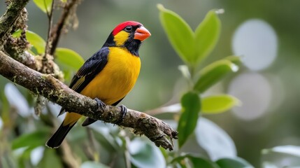 Obraz premium Beautiful bird Grosbeak among the branches of a tropical tree, background wallpaper AI generated image