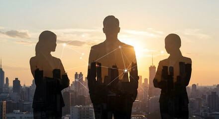 Silhouette of business team against city skyline at sunset Global network connections teamwork success leadership future