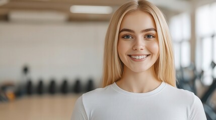 Blonde girl smiling post-workout in a bright gym interior