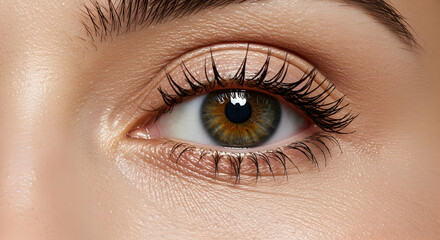 Fototapeta premium Close up of a womans beautiful eye hazel iris long lashes makeup cosmetics beauty skincare eye care vision ophthalmology