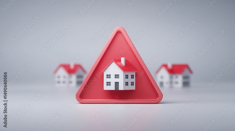 Poster house enclosed in a red triangle signifying machine-analyzed housing bubble alert and market vulnera
