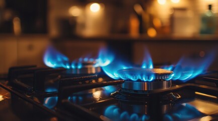 Two gas stove burners ablaze with vibrant blue flames