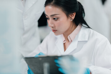 Researchers collaborate in a cutting-edge DNA laboratory, analyzing samples on petri dishes to...