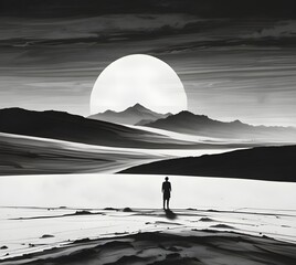 silhouette of a man in front of the mountain. Illustraton