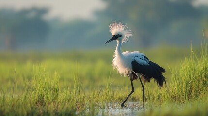 Fototapeta premium A fluffy white-tailed bird walks through a grassy glade, background wallpaper AI generated image