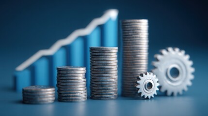 Stack of coins adjacent to gear wheel and bar graph illustrating economic concepts of growth and financial dynamics
