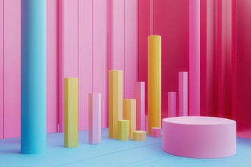 Fototapeta premium Abstract pastel pink yellow and blue cylinders background for product display