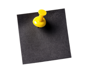 Bright yellow pin attached to a black note for organization, cut out transparent