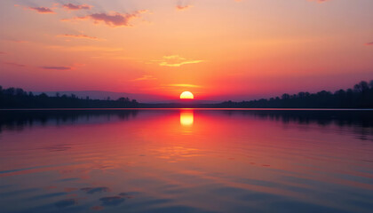 Obraz premium A calm sunset reflected on a smooth lake surface, with a straight horizon line and balanced orange tones in the sky and water.