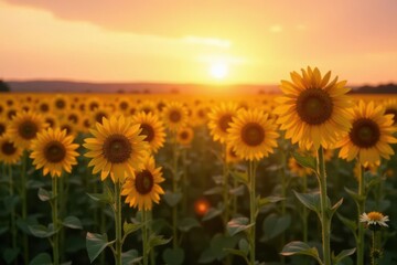 Obraz premium Golden hour sunbeams illuminate a vibrant field of sunflowers, their faces turned towards the setting sun, creating a breathtaking natural spectacle