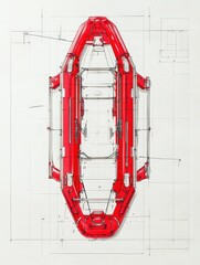 Obraz premium Detailed architectural blueprint of a futuristic red vessel design with measurements