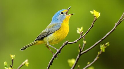 Obraz premium Small bird with beautiful feather color on a branch in the wild, background wallpaper AI generated image