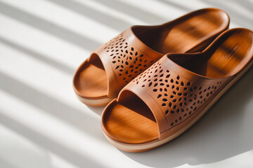 A pair of brown leather sandals, stylish footwear for men, isolated as a comfortable fashion accessory on a white background, showing the sale of two objects