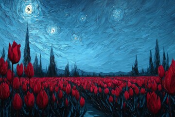Vibrant Red Tulips Under Starry Night Sky with Swirling Blue and Yellow Stars and Dark Green Trees in Artistic Style