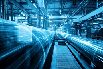 Industrial radiography inspection of seamless steel pipes using gamma-ray imaging with safety perimeter in an industrial setting.