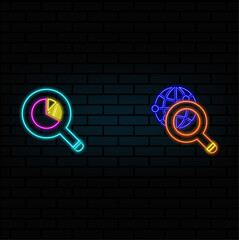 neon style.icon Illustration graphic icon symbol. graph with magnifying glass. business magnifying glass.