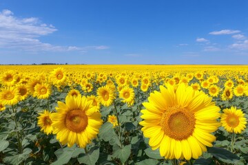 Fototapeta premium Vibrant Sunflower Field Under Bright Blue Sky with Fluffy Clouds Stretching to the Horizon in Full Bloom During Summer