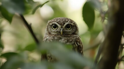 The Forest Owl gazes curiously from the dense forest canopy, background wallpaper AI generated image