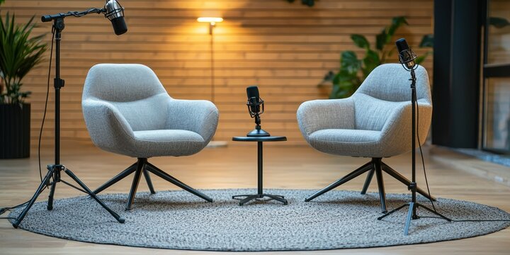 Two comfy chairs and microphones in a modern podcast interview setting Stock photo
