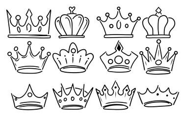 Set of Hand-Drawn Crown Illustrations in Doodle Style. Line Art of Royal Crowns for King and Queen.