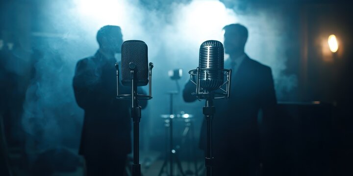 Two hosts with microphones in a dark studio, ready for a podcast conversation Stock photo