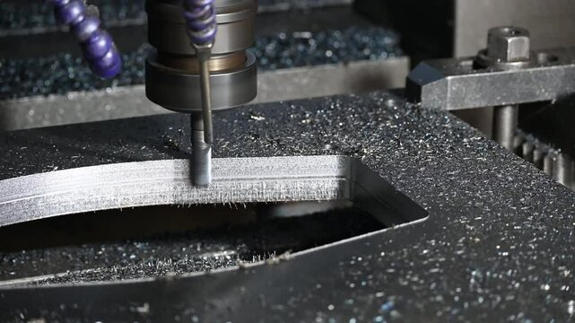 The CNC milling machine rough cutting the metal plate parts by solid flat nose end mill tool.