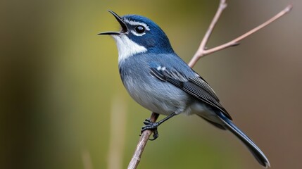 Naklejka premium Small bird with beautiful feather color on a branch in the wild, background wallpaper AI generated image
