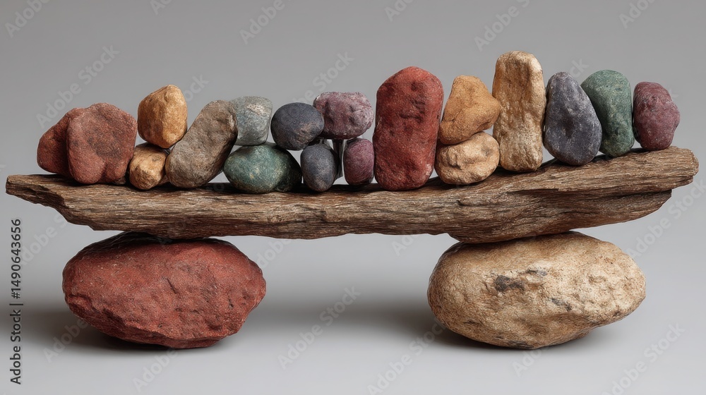 Aufkleber balanced stone resting on a wooden log symbolizing stability and harmony in nature with a minimalist