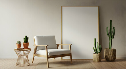 Modern minimalist living room interior design mockup with armchair and cactus plants