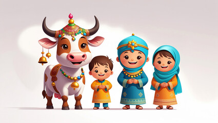 Fototapeta premium Cute Cartoon Ox with Colorful Ornaments: Playful and Vibrant Illustration