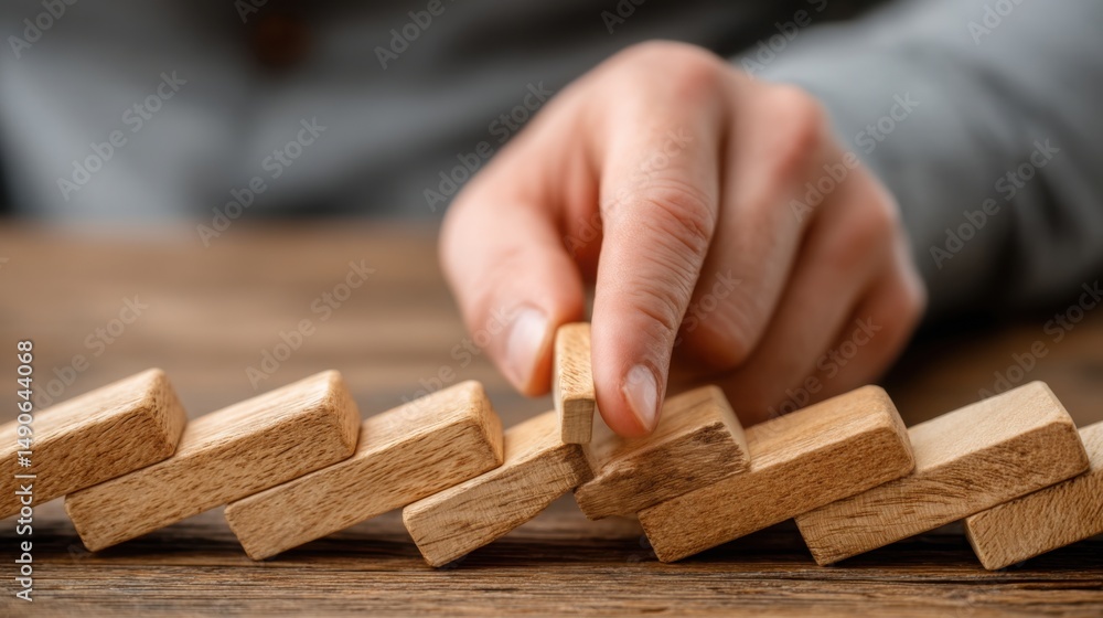 Poster individual placing a block of wood into a structured setup signifying collaboration, development, an