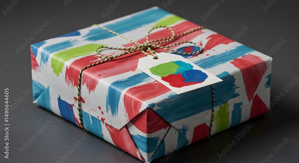Poster a gift wrapped in colorful paper with a tag tied with string on a table