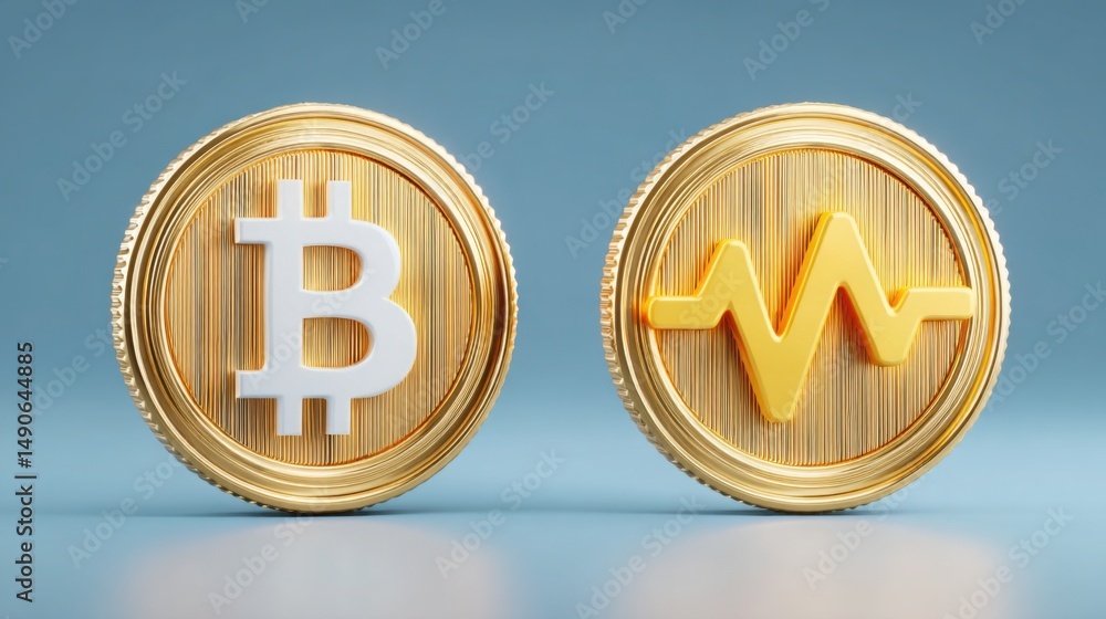 Poster golden bitcoin coin and standard bitcoin representing real-time crypto inflation divergence tool vis