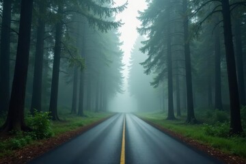 Misty Forest Road A Serene Drive Through Tall Trees on a Foggy Day