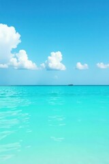 Fototapeta premium Serene Ocean Vista A Calm Turquoise Sea Under a Bright Blue Sky with Puffy White Clouds and a Small Vessel on the Horizon