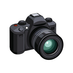 Flat Black DSLR Camera with Zoom Lens Vector Style