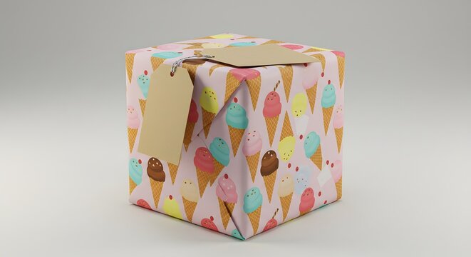 Close up of a wrapped gift with ice cream cone pattern and blank tag