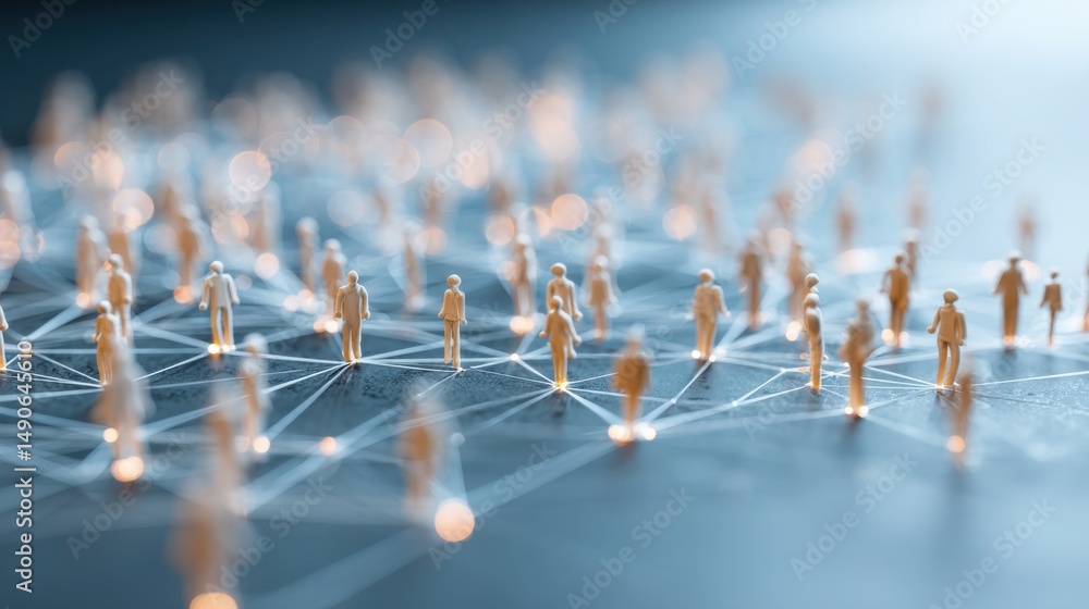 Poster a network of tiny people illustrating community and interaction in the context of digital remittance