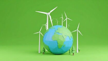 Naklejka premium Sustainable Energy Concept Low Poly Earth Globe Surrounded by Wind Turbines and Trees on Green Background