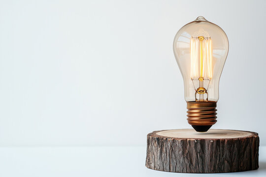 Vintage light bulb on a wooden background suggests an old electric idea with a bright, glowing glass object embodying technology and inspiration