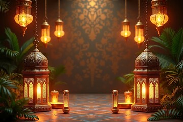 Obraz premium Minimalist Eid Mubarak, Ramadan, Eid Adha Greeting Card with Crescent Moon & Soft Glow