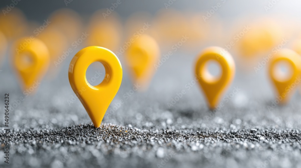Poster close-up of a yellow pin on a gray surface signifying important location in real-time economic migra