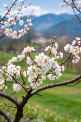 Obraz premium there is a tree with white flowers in the middle of a field
