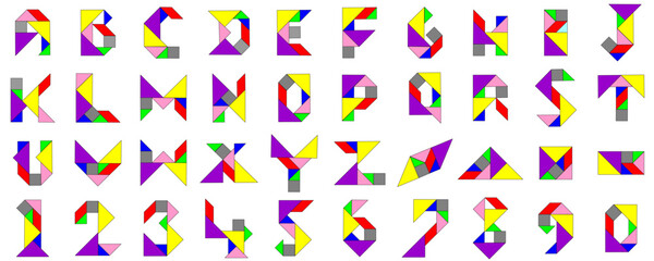 a set of tangram alphabet numbers and flat shapes with lines isolated on white background, vector