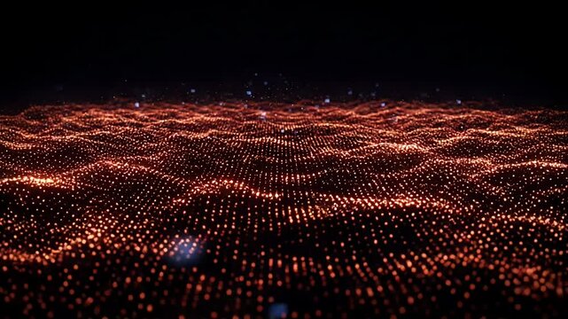 Digital landscape with orange glowing nodes and blue digital artifacts