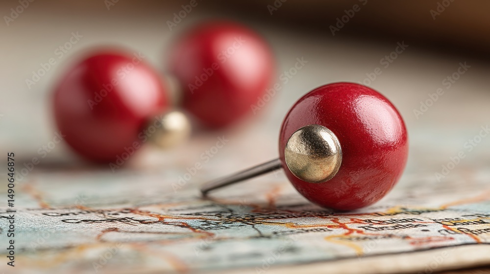 Poster pair of eye-catching red studs positioned on a map highlighting their significance for location and 