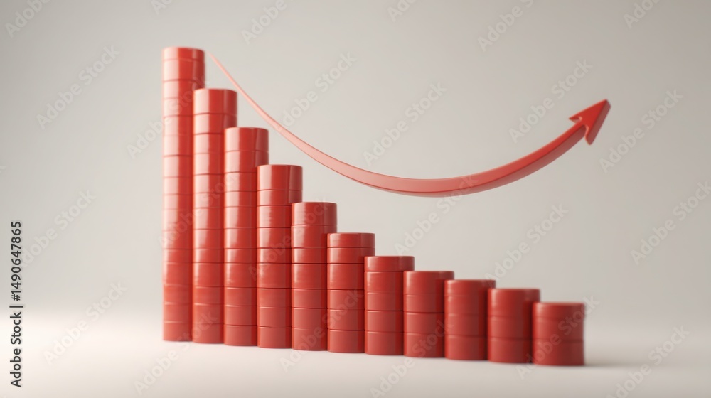 Poster red bar chart showcasing real-time inflation forecast curve icon concept in modern financial digital