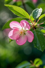 Obraz premium there is a pink flower with green leaves on it