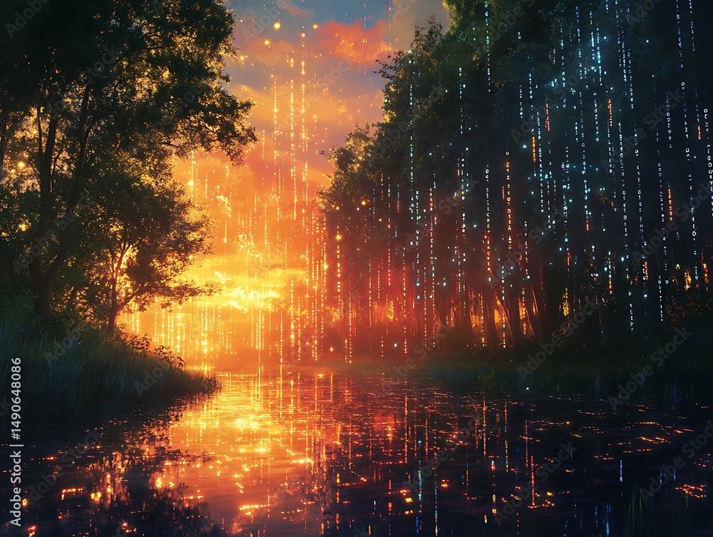Poster enchanted riverside dusk with cascading luminescence through the forest canopy